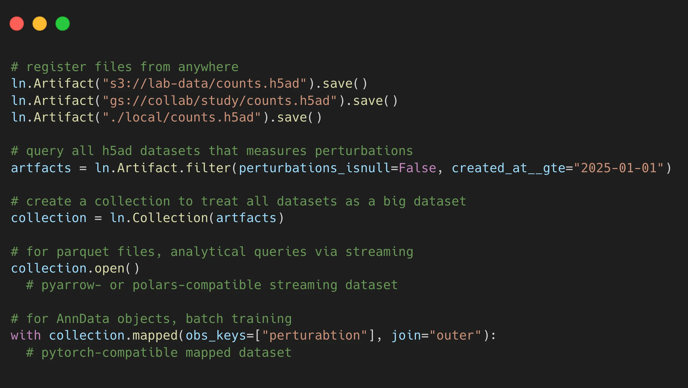 Python code showing how to access artifacts and collections in LaminDB