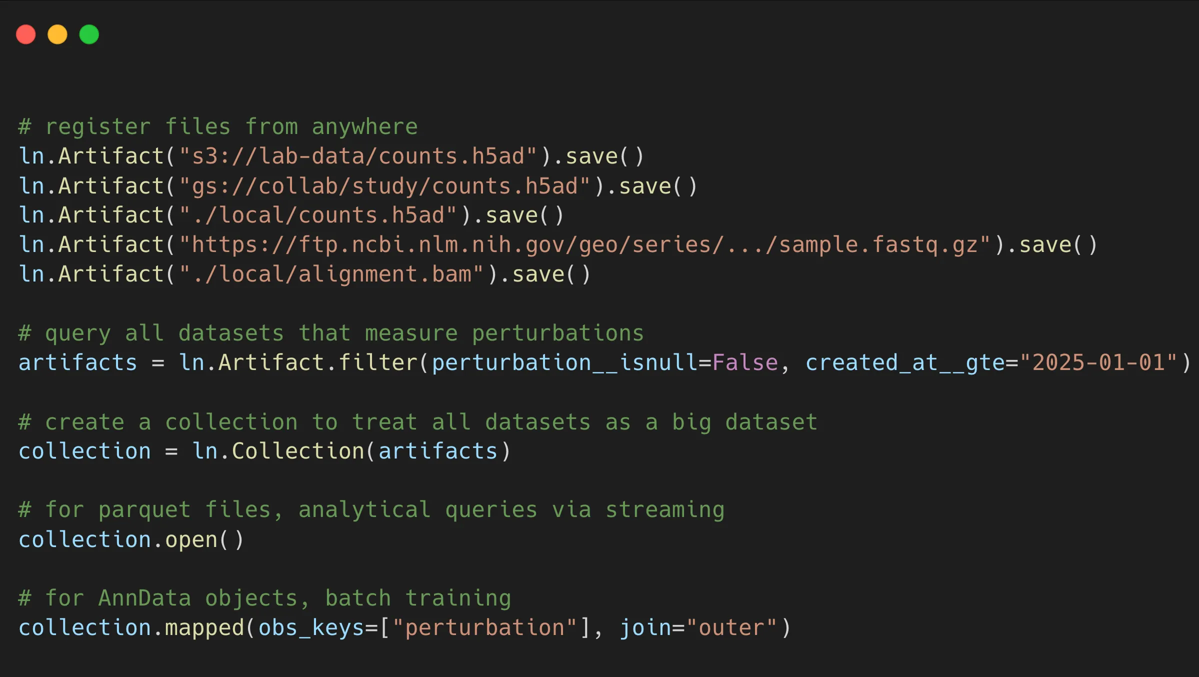 Python code showing how to access artifacts and collections in LaminDB